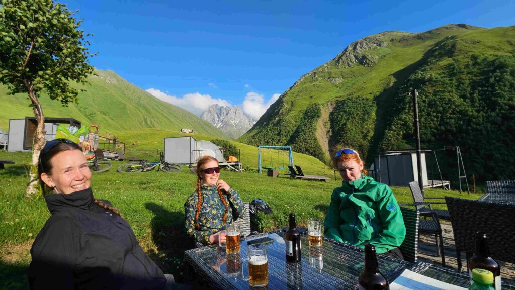 Enjoying well-deserved cold beers at Fifth Season after a great day of riding.