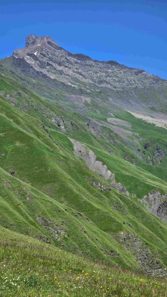 Rocky Caucasus peak above the Gudamakari alpine meadow, Georgia